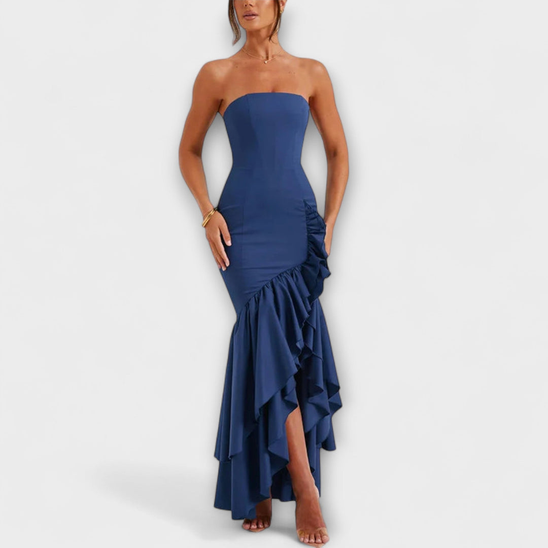 Ulla - Off-Shoulder Slim Fit Maxikleid mit asymmetrischem Saum