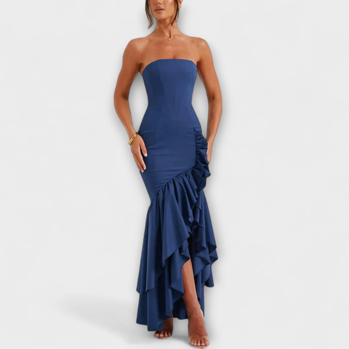 Ulla - Off-Shoulder Slim Fit Maxikleid mit asymmetrischem Saum