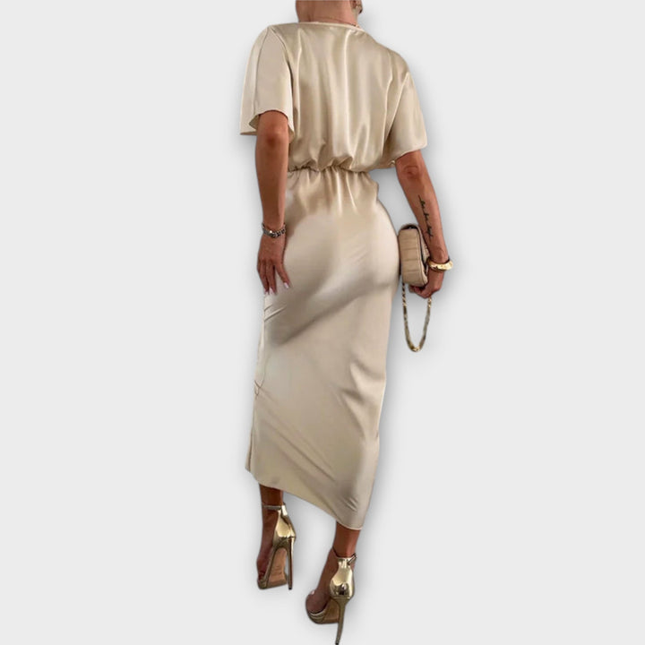 Simone - Solides Satin V-Ausschnitt Kreuzknoten Slim Fit Maxi Kleid