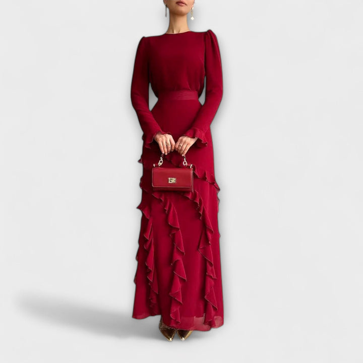 Almut - Slim Fit Langkleid mit dreidimensionalen Rüschen