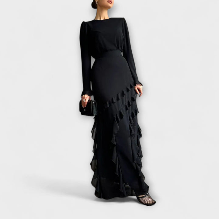 Almut - Slim Fit Langkleid mit dreidimensionalen Rüschen