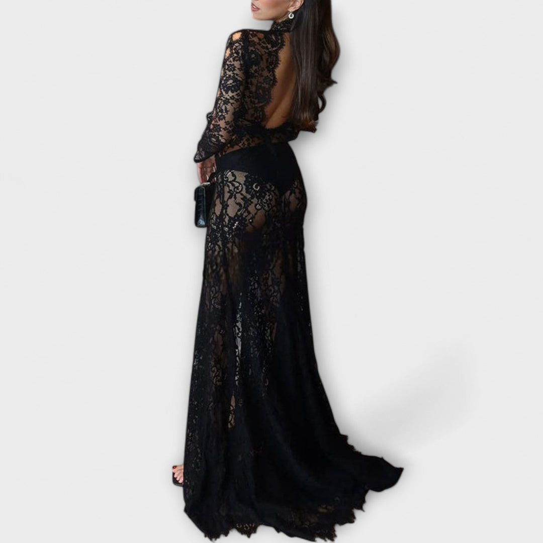 Romy - Midnight Elegance Transparente Cutout Langarm Stretch Maxikleid