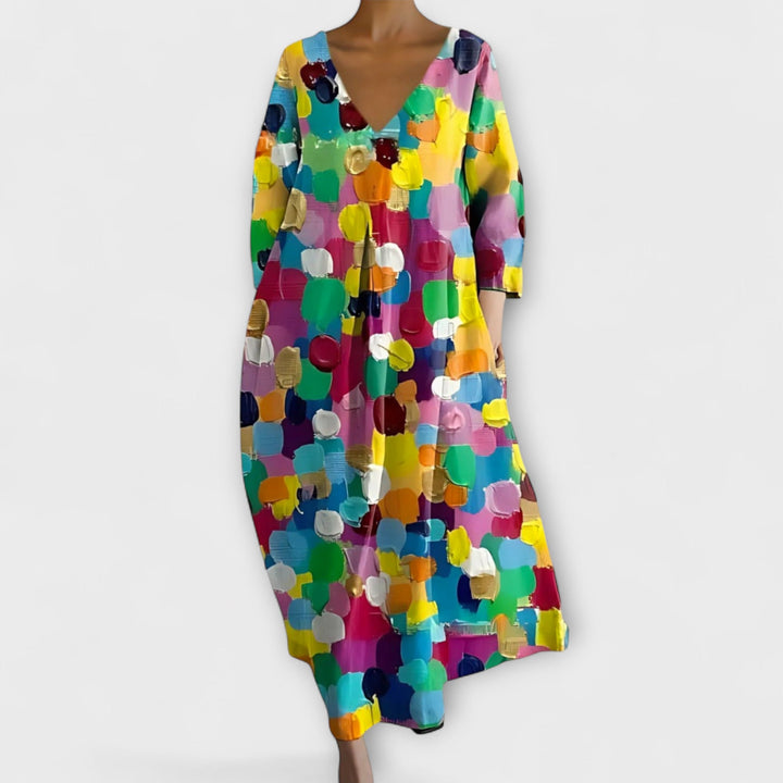 Melinda - Langes, farbenfrohes Kleid mit V-Ausschnitt