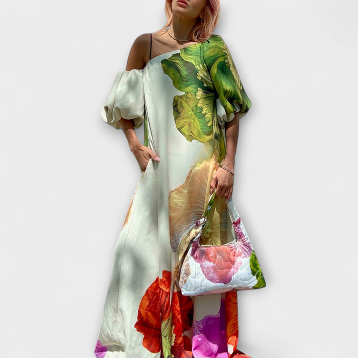 Sabina - Maxikleid mit Blumendruck, schrägem Kragen und Puffärmeln