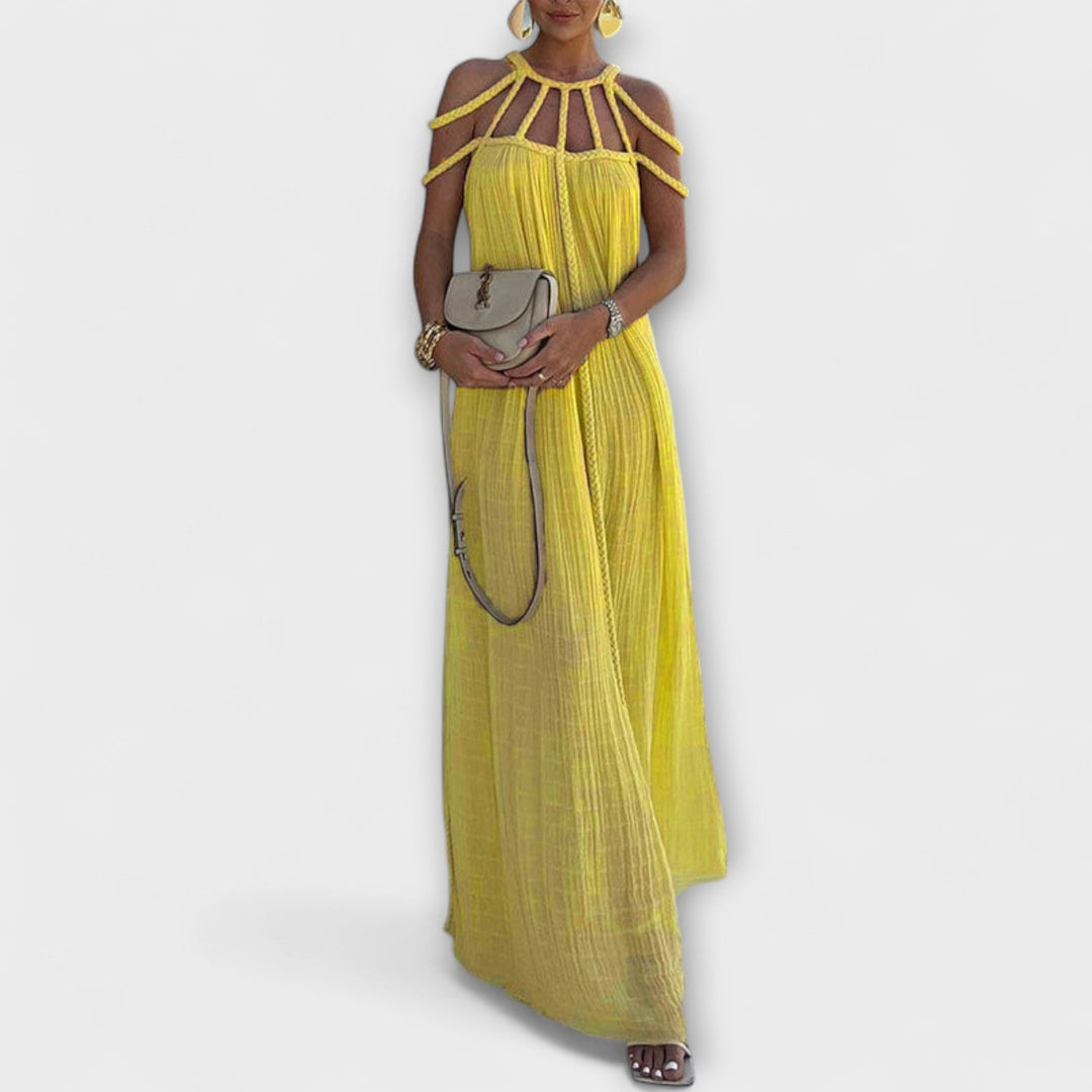 Helmine - Ein schickes Maxikleid aus Mischgewebe mit drapierten Zöpfen