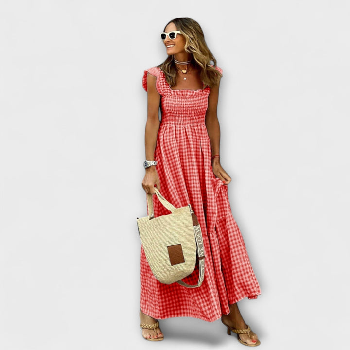 Milena - Maxikleid mit gerafften Karo-Rüschensäumen