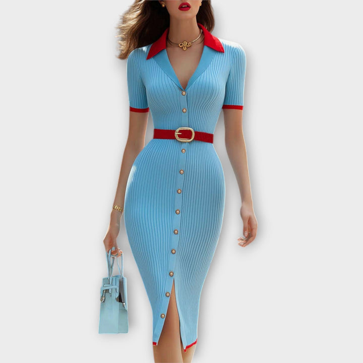 Sophia - Schickes Babyblaues Rippstrick-Bleistiftkleid