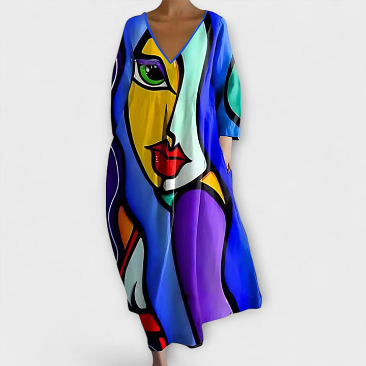 Melinda - Langes, farbenfrohes Kleid mit V-Ausschnitt