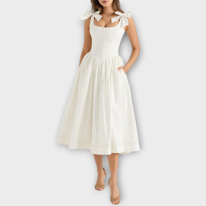 Ilona - Weißes Midi-Kleid mit Schleifendetail