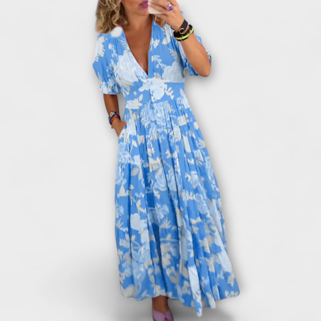 Angelika - Floral Print V-Ausschnitt Taschenkleid