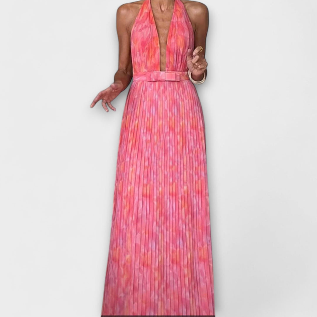 Pauline - Schickes Halter Neck V-Ausschnitt Plissiertes Maxikleid