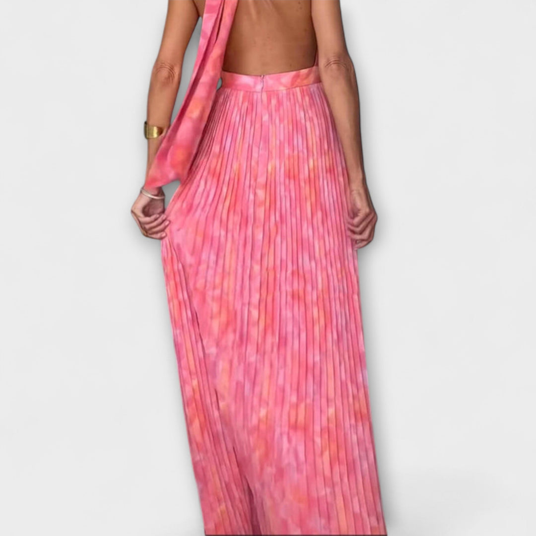 Pauline - Schickes Halter Neck V-Ausschnitt Plissiertes Maxikleid