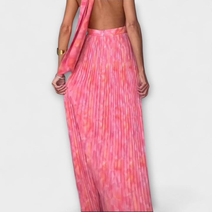 Pauline - Schickes Halter Neck V-Ausschnitt Plissiertes Maxikleid