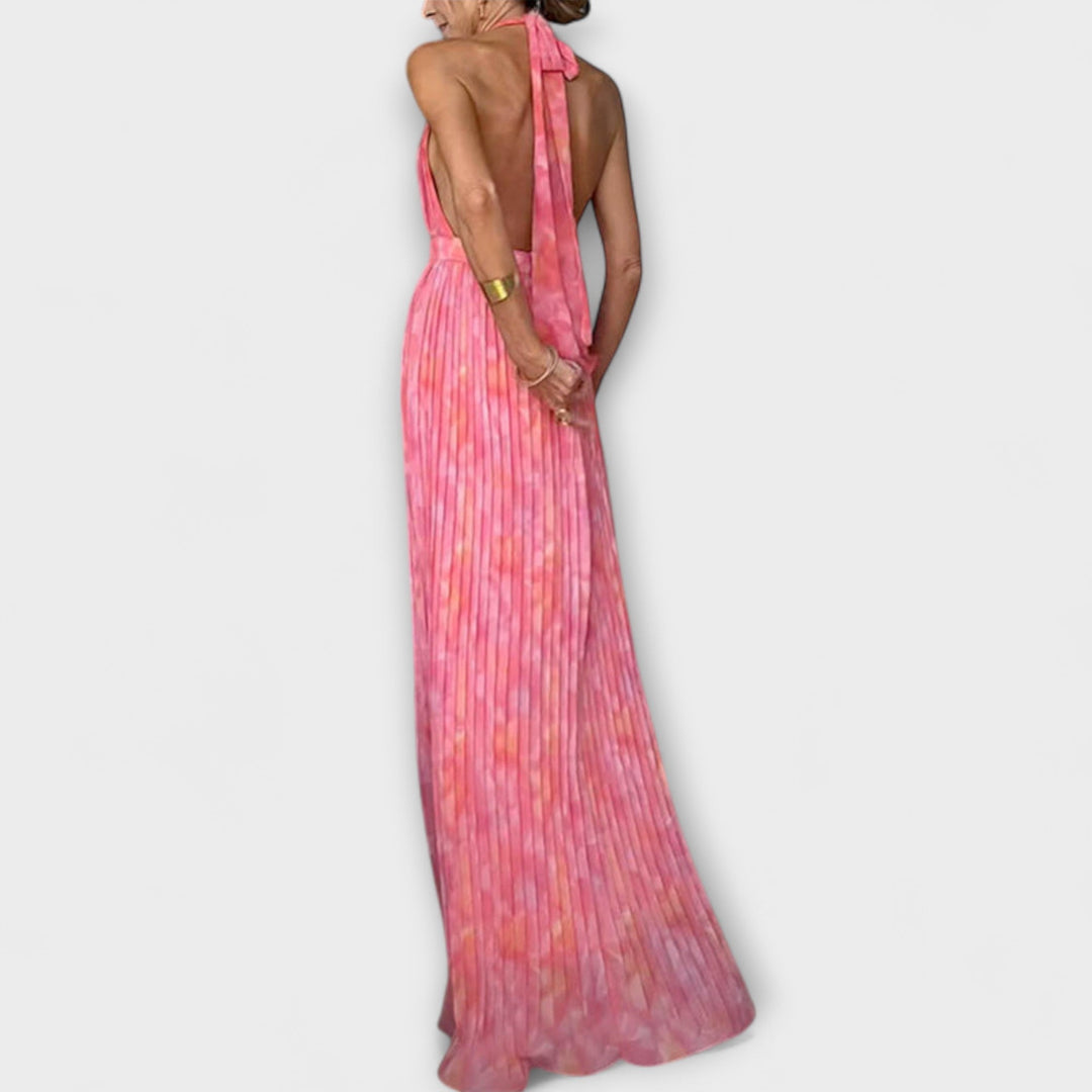 Pauline - Schickes Halter Neck V-Ausschnitt Plissiertes Maxikleid