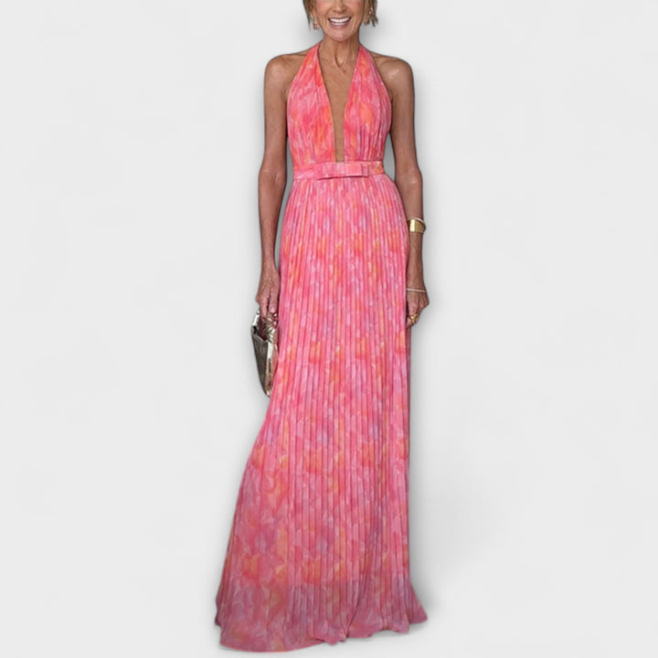 Pauline - Schickes Halter Neck V-Ausschnitt Plissiertes Maxikleid