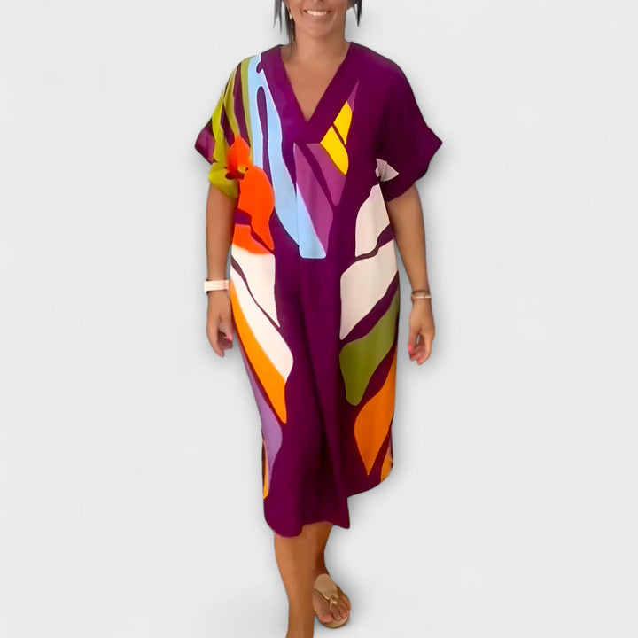 Carola - Lässiges Kleid mit Bunter Blätterdruck