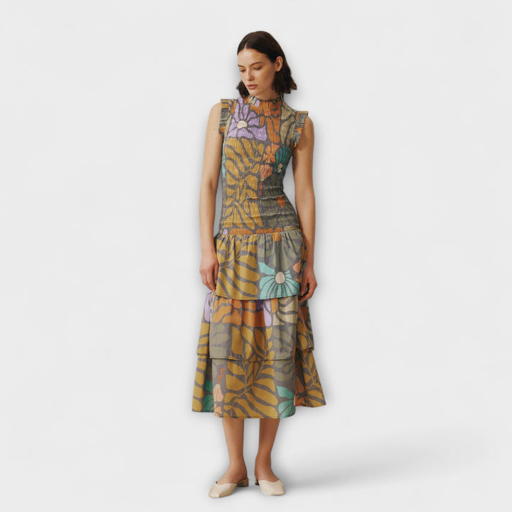 Annalena - Mehrfarbiges Botanisches Midi Kleid