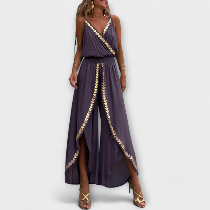Florina - Donatila V-Ausschnitt Jumpsuit mit Stickerei und offenen Beinen