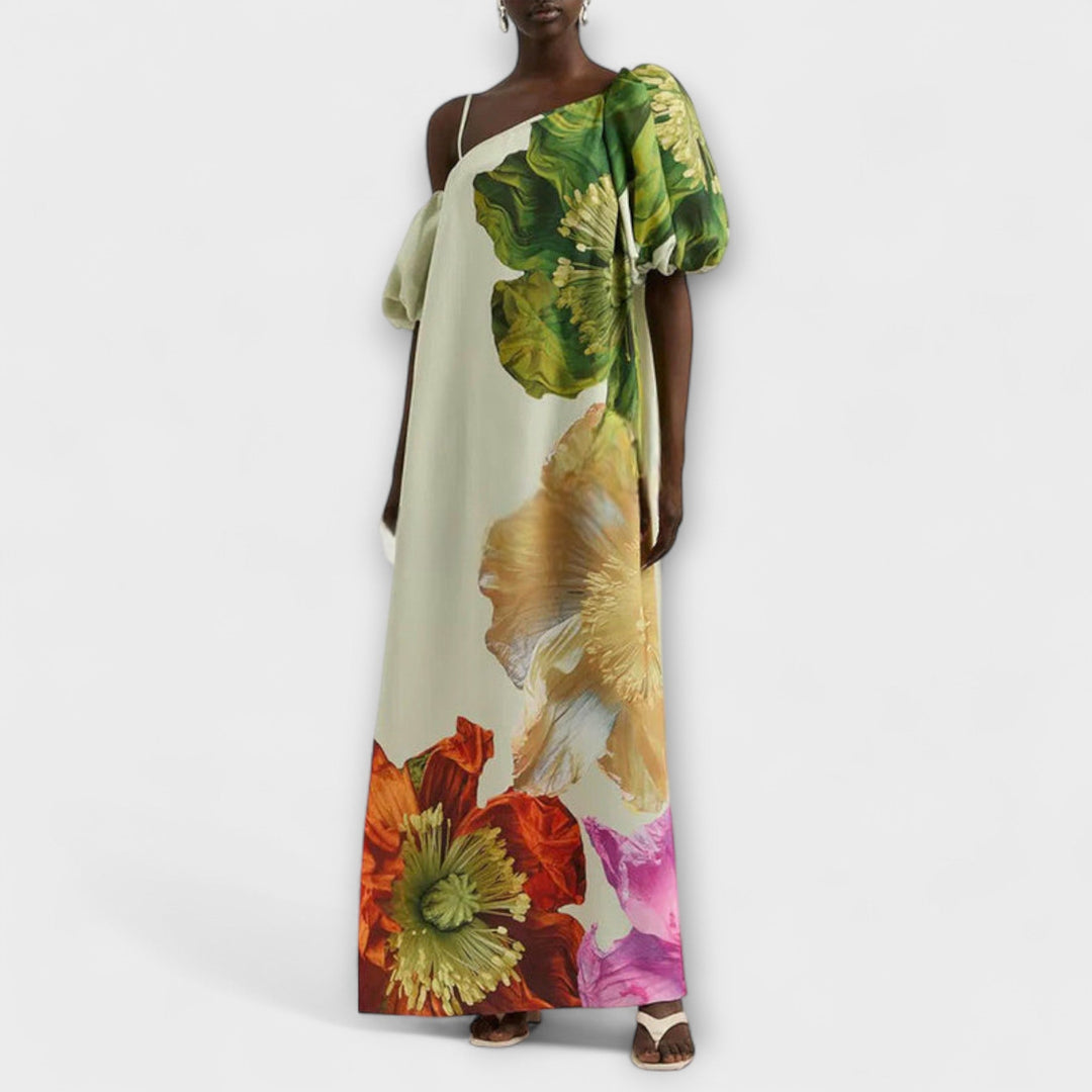 Sabina - Maxikleid mit Blumendruck, schrägem Kragen und Puffärmeln