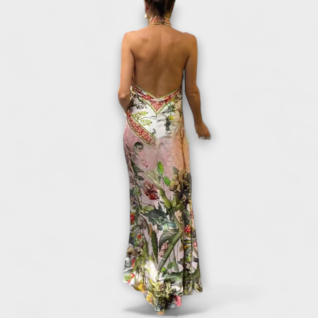 Ruth - Blumenmuster Ärmelloses Offenes Rücken Maxikleid