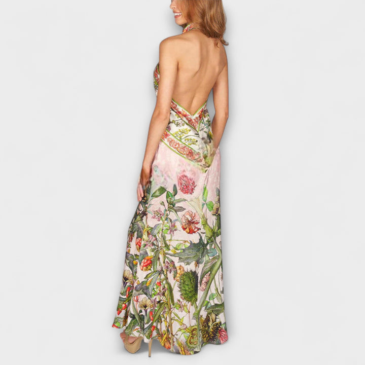 Ruth - Blumenmuster Ärmelloses Offenes Rücken Maxikleid
