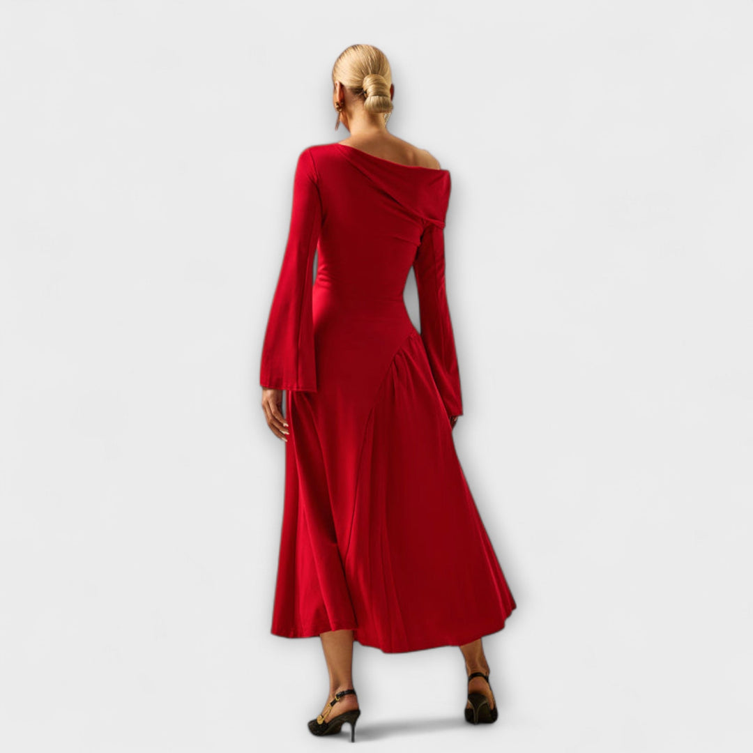 Amelie - Off-Shoulder Midi-Kleid mit gerafften Ballärmeln