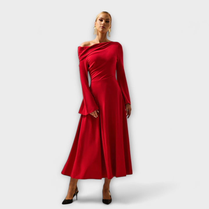 Amelie - Off-Shoulder Midi-Kleid mit gerafften Ballärmeln