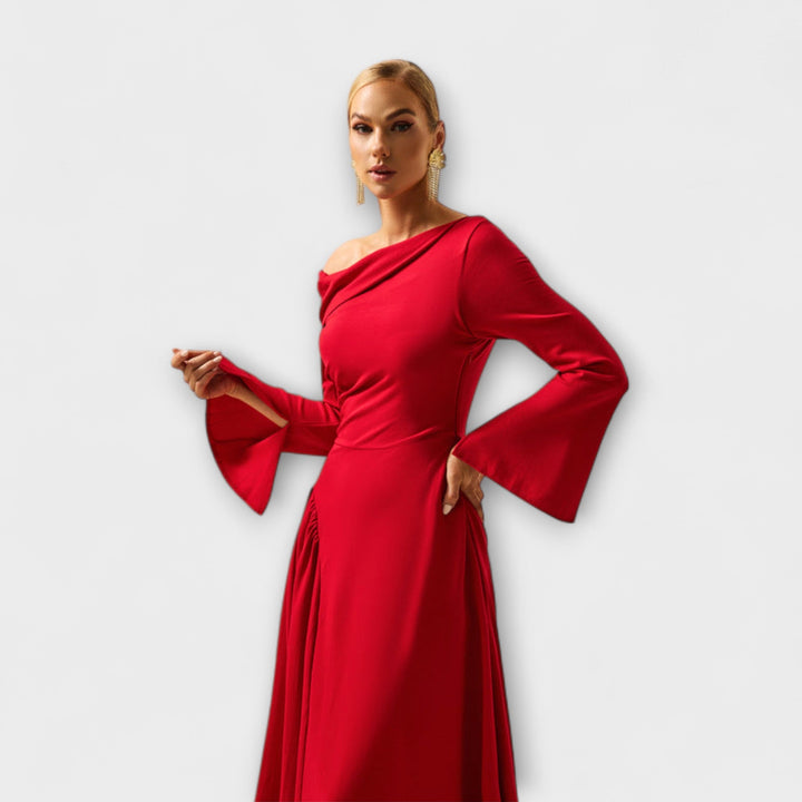 Amelie - Off-Shoulder Midi-Kleid mit gerafften Ballärmeln