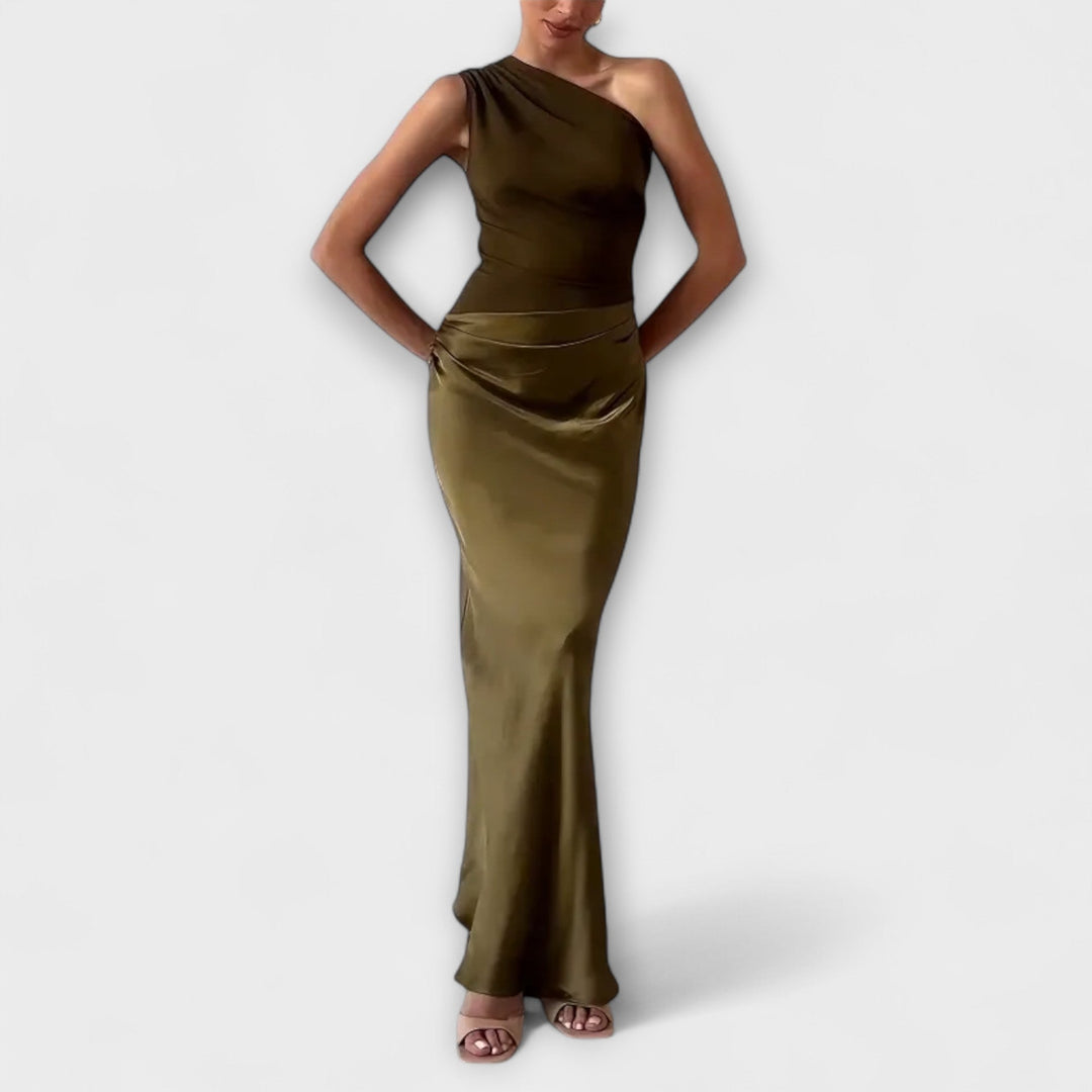 Theres - Elegantes Ein-Schulter Falten Maxi Kleid