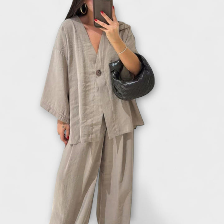 Roswitha – Lässiges V-Ausschnitt-Set mit Hose