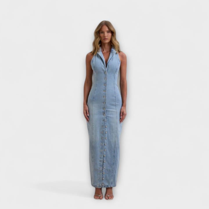 Helga - Mid Wash Denim Maxikleid