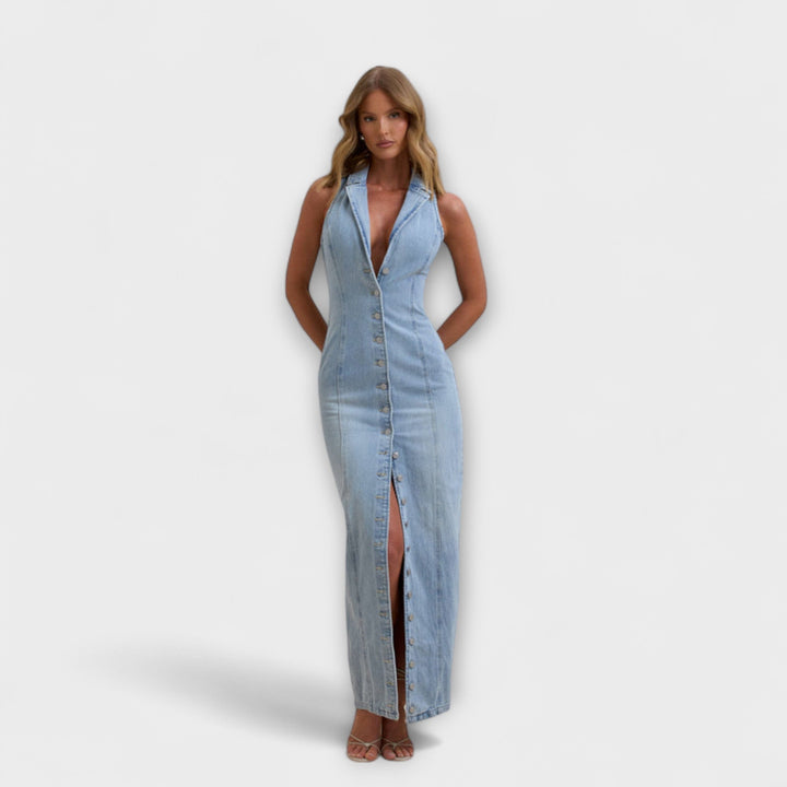 Helga - Mid Wash Denim Maxikleid