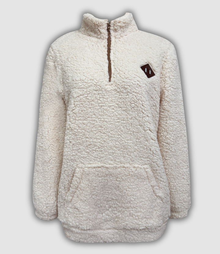 Leokadia - Pullover mit Viertel-Reißverschluss und Aufnähern