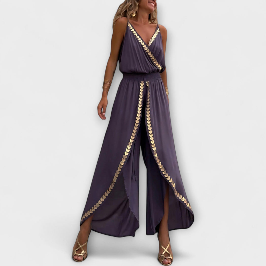 Florina - Donatila V-Ausschnitt Jumpsuit mit Stickerei und offenen Beinen
