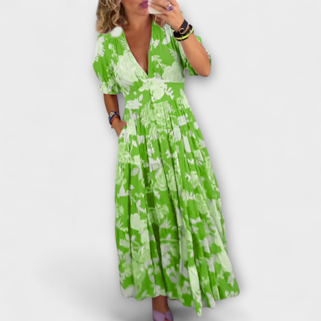 Angelika - Floral Print V-Ausschnitt Taschenkleid