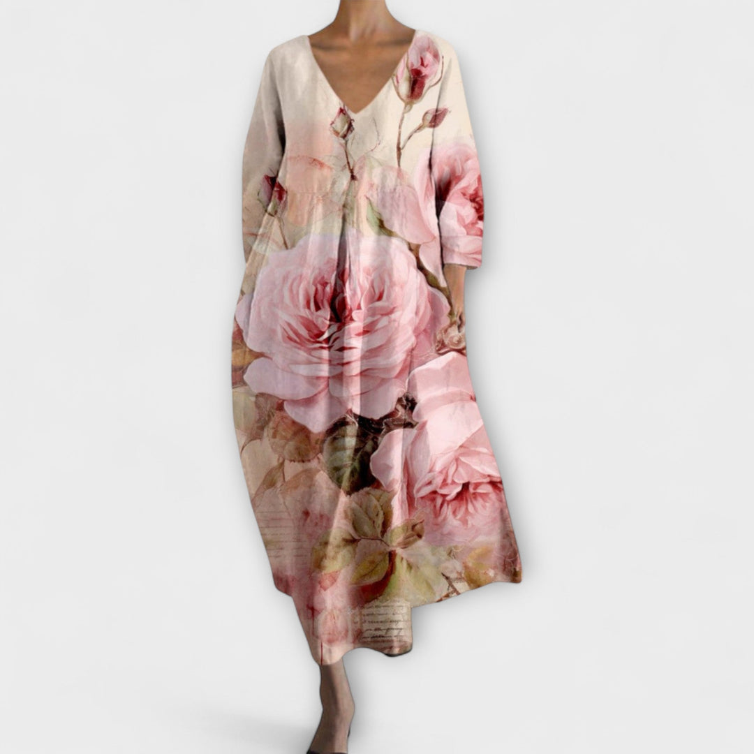 Melinda - Langes, farbenfrohes Kleid mit V-Ausschnitt
