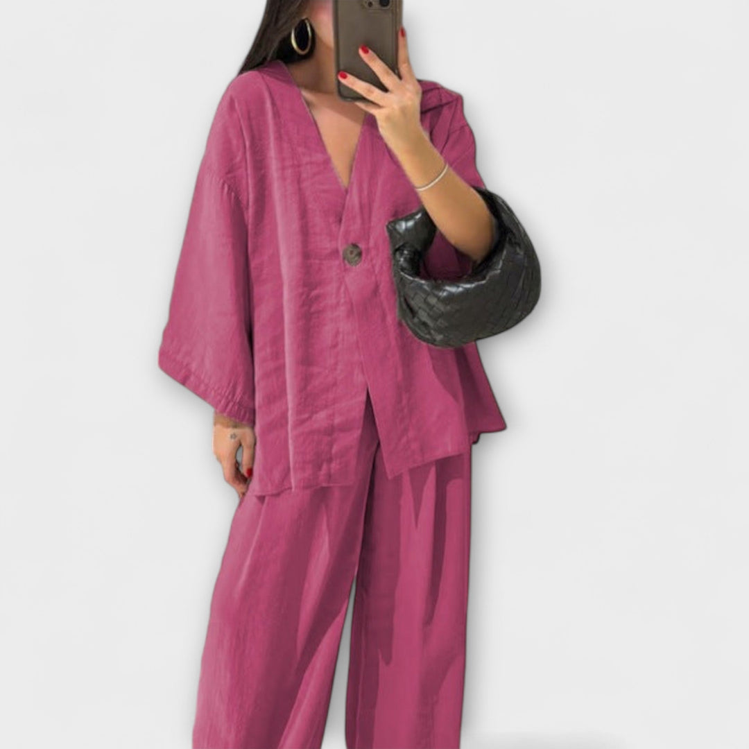 Roswitha – Lässiges V-Ausschnitt-Set mit Hose