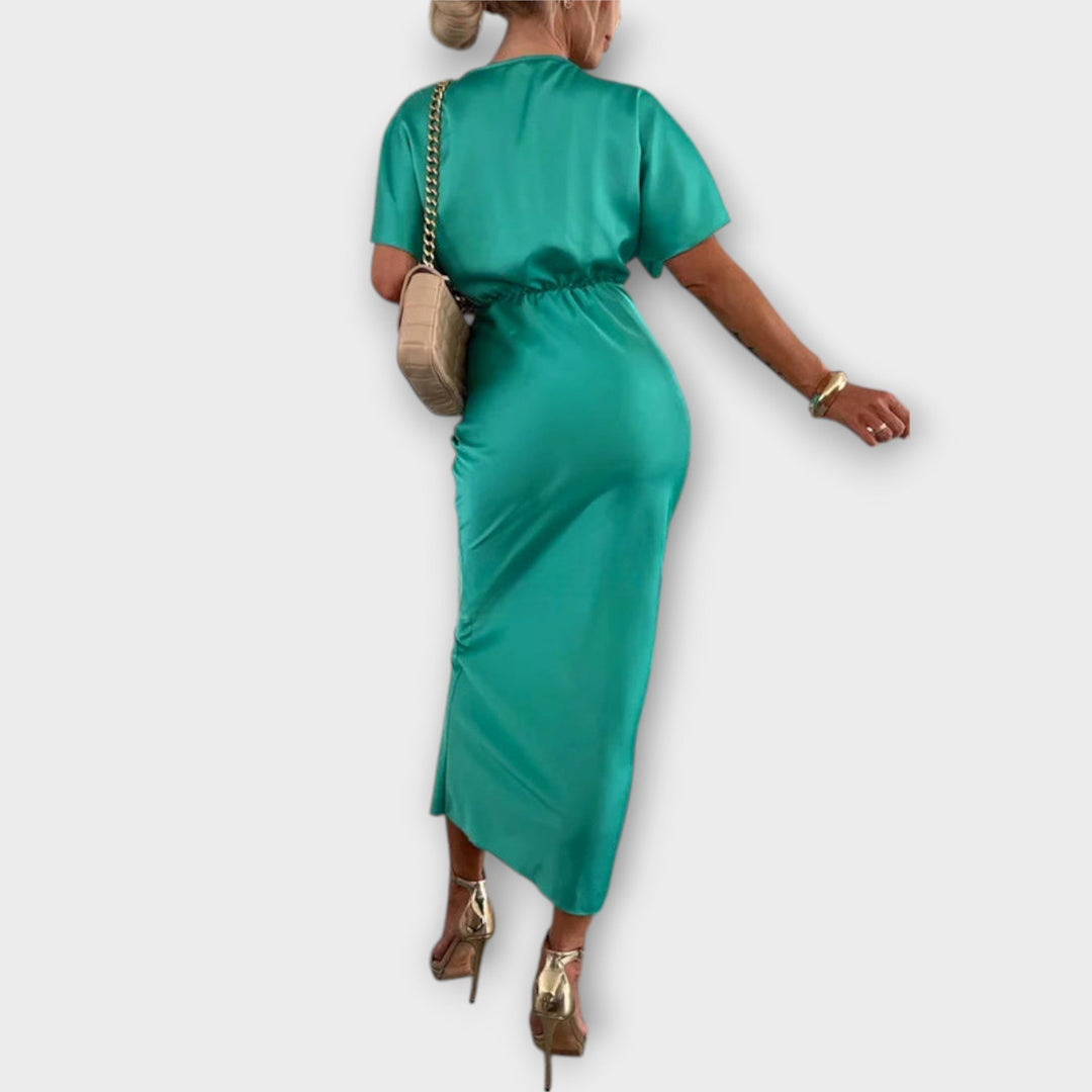 Simone - Solides Satin V-Ausschnitt Kreuzknoten Slim Fit Maxi Kleid