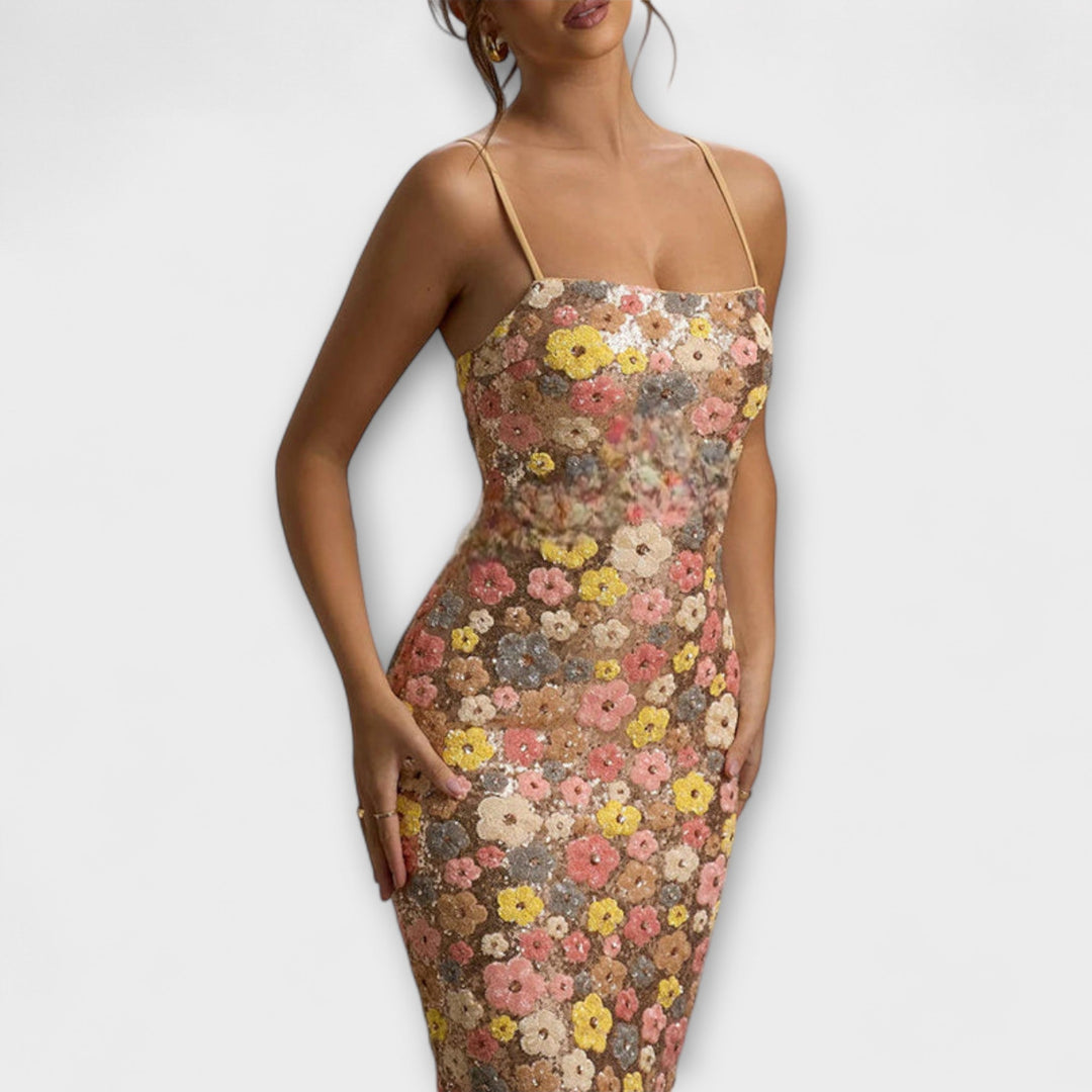 Nadine - Maxi-Kleid mit floralen Pailletten im 80er-Jahre-Stil