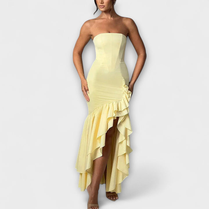 Ulla - Off-Shoulder Slim Fit Maxikleid mit asymmetrischem Saum