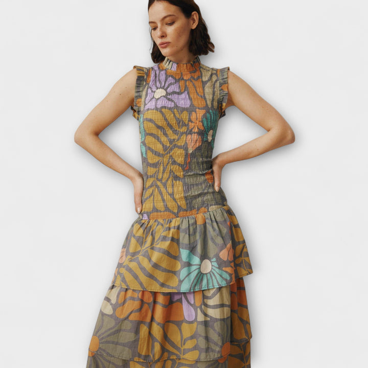 Annalena - Mehrfarbiges Botanisches Midi Kleid