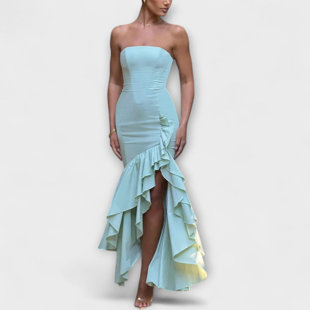 Ulla - Off-Shoulder Slim Fit Maxikleid mit asymmetrischem Saum