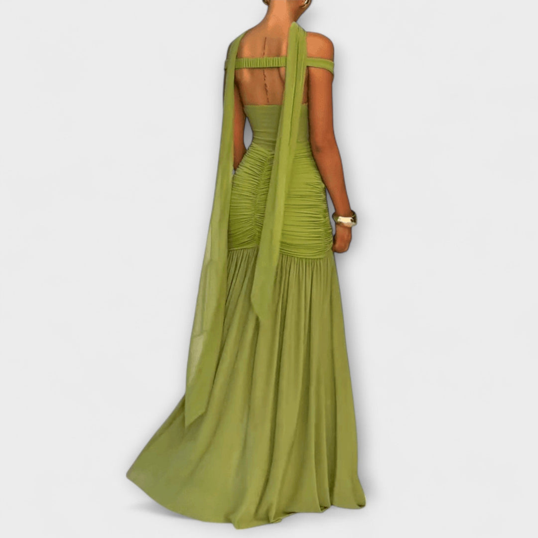 Leokadia - Olivfarbenes V-Ausschnitt Maxikleid