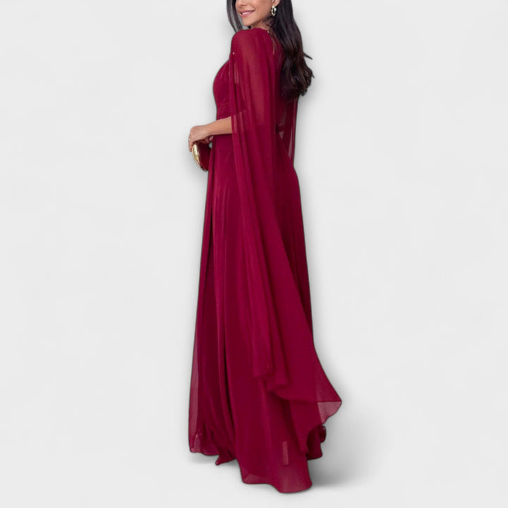 Elke - Elegantes Maxikleid mit Cape-Ärmeln und hohem Schlitz