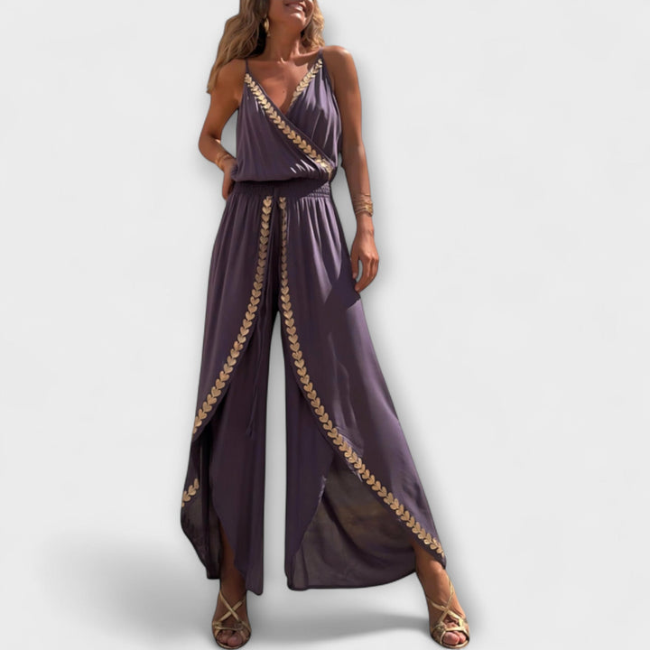 Florina - Donatila V-Ausschnitt Jumpsuit mit Stickerei und offenen Beinen