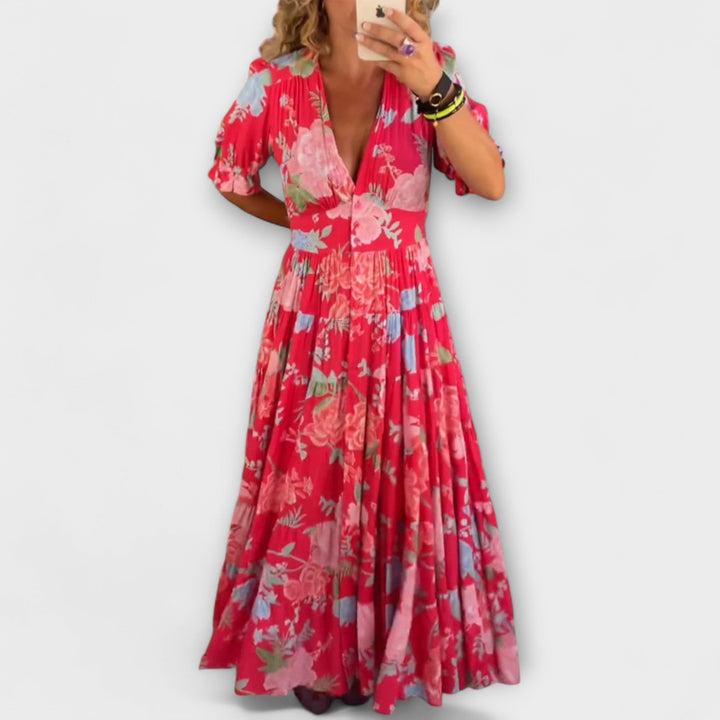 Angelika - Floral Print V-Ausschnitt Taschenkleid