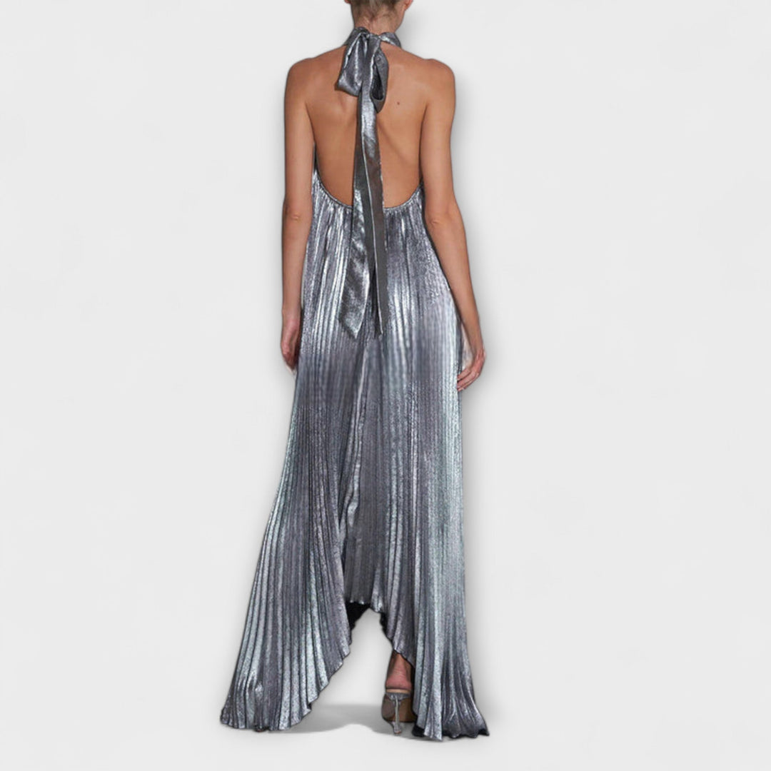 Monika - Metallic Falten A-Linie Maxikleid