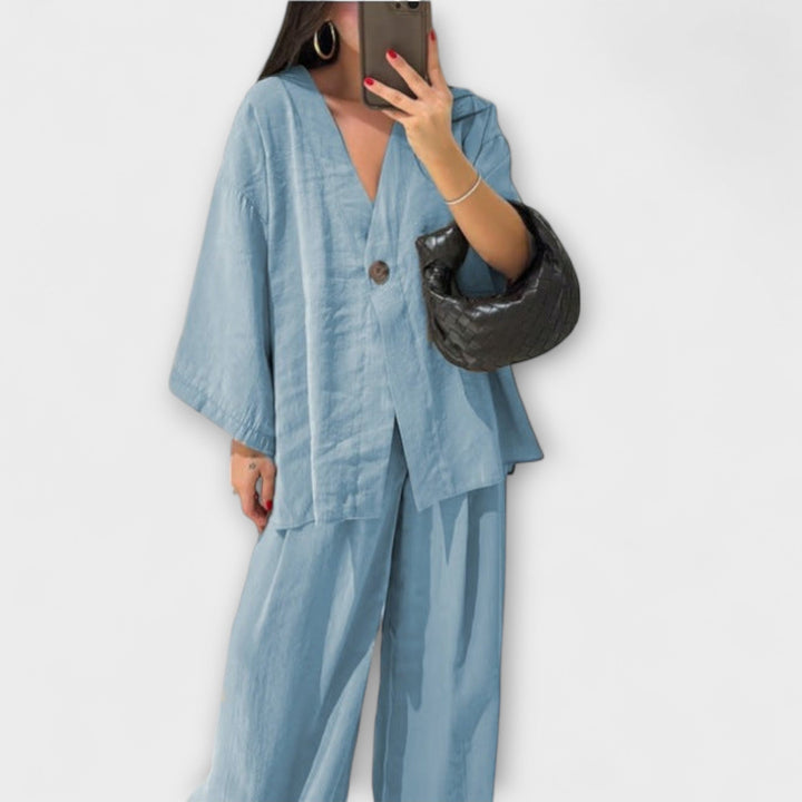 Roswitha – Lässiges V-Ausschnitt-Set mit Hose