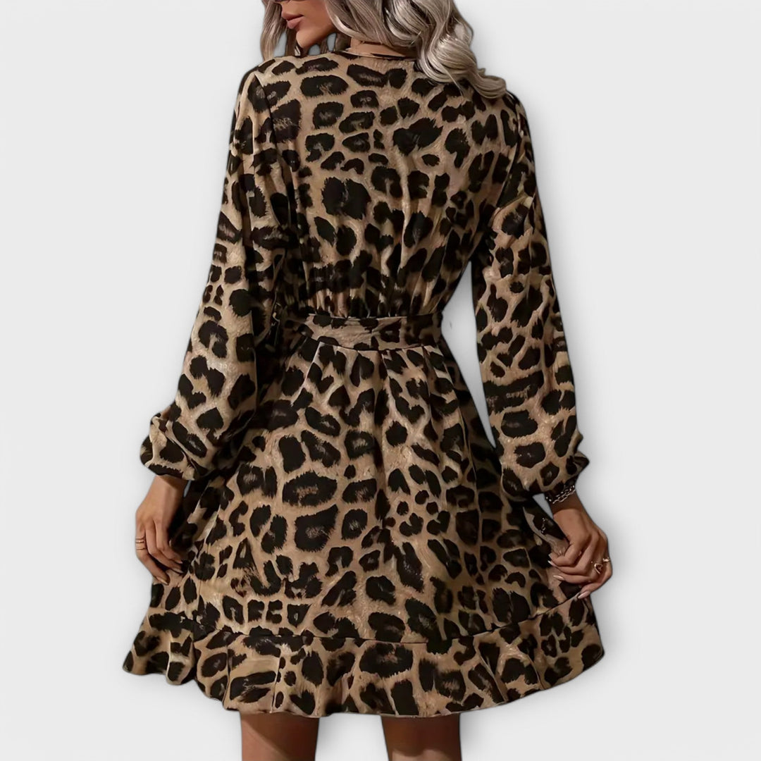 Vera - Schickes Kleid mit Leopardenmuster, V-Ausschnitt und Bindegürtel