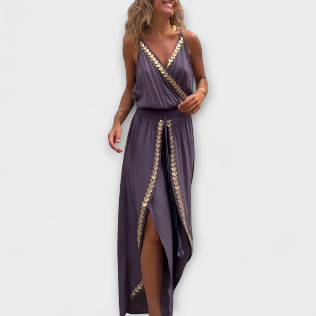 Florina - Donatila V-Ausschnitt Jumpsuit mit Stickerei und offenen Beinen